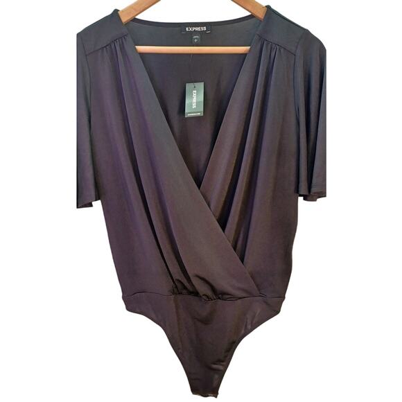 NWT Y2K Express Black V Neck Wrap Bodysuit Sz Small Academia Balletcore Goth - Picture 1 of 6